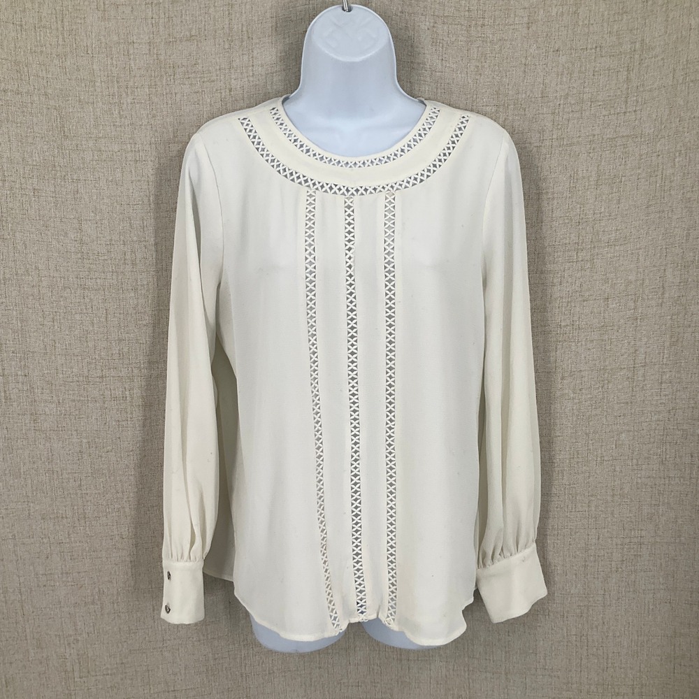 Vince‎ Camuto Blouse Womens S Ivory Polyester Lattice Trim Long Sleeve Crepe